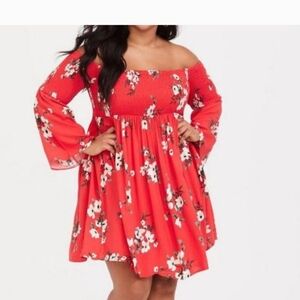 Torrid Sz 1 Floral Off-Shoulder Red Dress